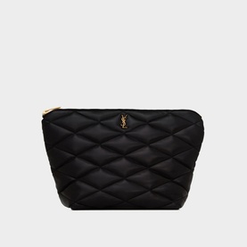 Saint Laurent Sade Zipped Pouch in black quilted leather with gold-tone YSL monogram logo and zip closure