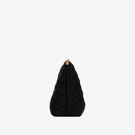 Saint Laurent Sade Zipped Pouch in black quilted leather, side view showing bronze-toned hardware and structured silhouette