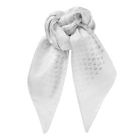 Jimmy Choo Reta Monogram Print Silk Foulard in white with allover JC monogram print and block colour border, styled in a knot