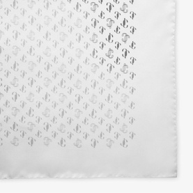 Jimmy Choo Reta Monogram Print Silk Foulard in white, featuring allover JC monogram print and contrast block colour border edge