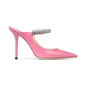 Jimmy Choo Bing 100 Patent Leather Mules in pink with crystal-embellished strap, pointed toe, and stiletto heel