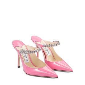 Jimmy Choo Bing 100 Patent Leather Mules in pink, pointed toe, crystal-embellished ankle strap, stiletto heel, polished finish