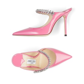 Jimmy Choo Bing 100 Patent Leather Mules in pink, pointed toe, crystal-embellished ankle strap, stiletto heel, shown from two angles