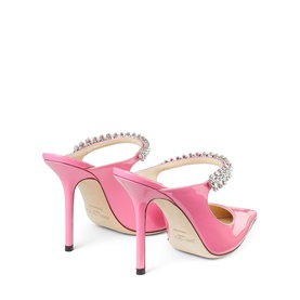Jimmy Choo Bing 100 Patent Leather Mules in pink, featuring crystal-embellished strap, stiletto heel, shown from rear angle