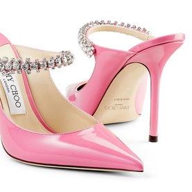 Jimmy Choo Bing 100 Patent Leather Mules in pink, pointed toe, crystal-embellished strap, stiletto heel, shown front and back