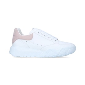 Alexander McQueen Oversized Court Trainers in white leather with pink suede heel tab, chunky textured rubber sole, lace-up fastening