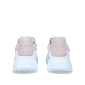 Alexander McQueen Oversized Court Trainers in white and pale pink leather, rear view showing branded heel tab and chunky white rubber sole
