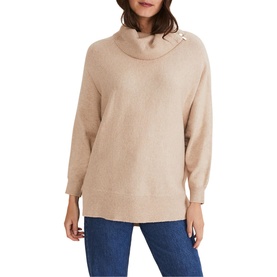 Model wearing Phase Eight Nola Zip Neck Chunky Relaxed Sweater in cream with high neck, zip detail and ribbed trims, styled with blue jeans