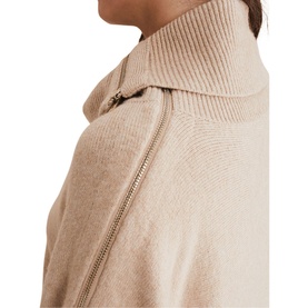 Model wearing Phase Eight Nola Zip Neck Chunky Relaxed Sweater in cream, close-up of ribbed high neck and gold-tone zip detail