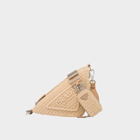 Prada Accessories Raffia Triangle Bag in brown straw, embroidered triangle logo, enamelled side logo, silver-tone hardware, adjustable webbing strap