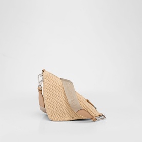 Prada Accessories Raffia Triangle Bag in brown, wicker weave, silver-tone hardware, adjustable logo webbing strap and embroidered triangle logo