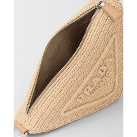 Prada Accessories Raffia Triangle Bag in brown, open showing interior, with embroidered triangle logo and silver zip closure