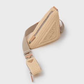 Prada Accessories Raffia Triangle Bag in brown, woven straw, embroidered logo, silver zip, adjustable beige webbing shoulder strap with metal