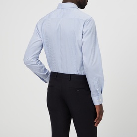 Model wearing Eton Bengal Striped Regular Fit Shirt in blue, back view, styled with black trousers