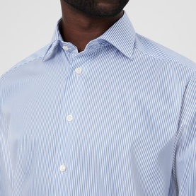 Model wearing Eton Bengal Striped Regular Fit Shirt in blue, close-up showing Kent collar and button front detail