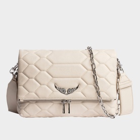 Zadig Rocky XL Mat Scale Bag in white quilted lamb leather with silver chain strap, wings emblem, and magnetic foldover closure
