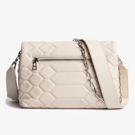 Zadig Rocky XL Mat Scale Bag in white quilted lamb leather, silver chain strap, zip back pocket, and wide fabric shoulder strap