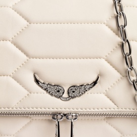 Zadig Rocky XL Mat Scale Bag in white quilted lamb leather, silver crystal wings emblem and chain strap detail