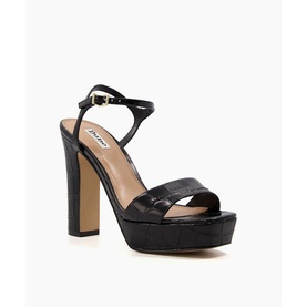 Dune Matche Croc Effect Platform Heels in black leather, open toe, block heel, ankle strap with buckle, croc texture platform sole