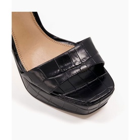 Dune Matche Croc Effect Platform Heels in black leather, showing croc-embossed toe strap and chunky platform sole detail