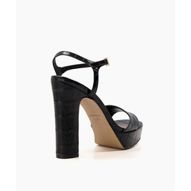 Dune Matche Croc Effect Platform Heels in black leather, block heel, ankle strap with gold buckle, platform sole, rear view