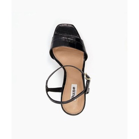 Dune Matche Croc Effect Platform Heels in black leather, overhead view showing croc texture, ankle strap and gold buckle fastening