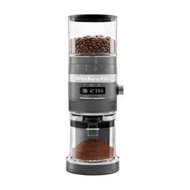 KitchenAid Artisan Coffee Grinder in charcoal grey with digital display, transparent bean hopper filled with coffee beans and ground coffee chamber