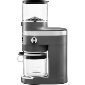 KitchenAid Artisan Coffee Grinder in charcoal grey with clear bean hopper on top and transparent grounds container below