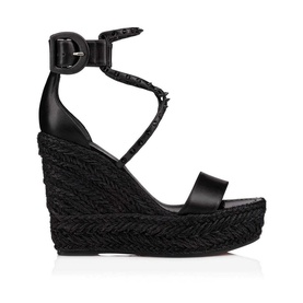 Christian Louboutin Chocazeppa Spikes 120 Wedge Sandals in black leather with braided rope wedge, cross-over spike straps and ankle buckle