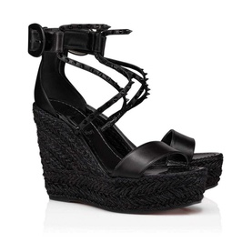 Christian Louboutin Chocazeppa Spikes 120 Wedge Sandals in black leather, braided rope wedge, spiked cross-over straps, ankle buckle fastening