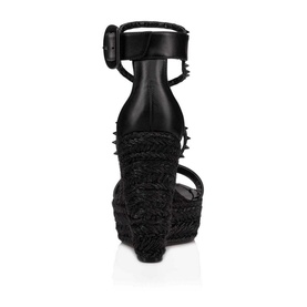 Christian Louboutin Chocazeppa Spikes 120 Wedge Sandals in black leather, rear view showing braided rope wedge and ankle buckle strap