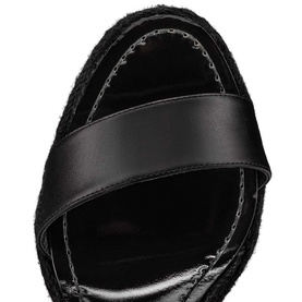 Christian Louboutin Chocazeppa Spikes 120 Wedge Sandals in black leather, close-up of braided rope wedge and smooth cross-strap detail