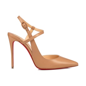 Christian Louboutin Jenlove 100 Leather Pumps in nude, criss-cross ankle straps, buckle fastening, pointed toe, stiletto heel, red sole