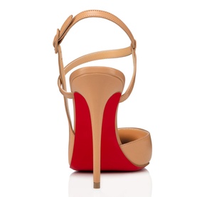 Christian Louboutin Jenlove 100 Leather Pumps in nude, rear view showing stiletto heel, criss-cross ankle straps, buckle fastening, red sole
