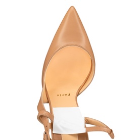Christian Louboutin Jenlove 100 Leather Pumps in nude, showing tan leather sole, pointed toe and criss-cross ankle straps with buckle fastening