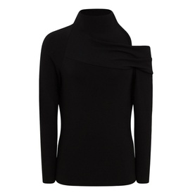 Reiss Amy Cut Out Shoulder Top in black, high neck, asymmetric draped neckline, cut-out shoulder detail, long sleeves, slim fit