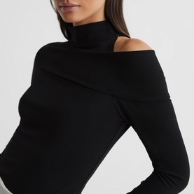 Model wearing Reiss Amy Cut Out Shoulder Top in black, featuring high neck, asymmetric neckline and single cut-out shoulder detail