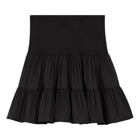 Maje Jun Smock Ruffle Mini Skirt in black with elasticated smock waistband and tiered ruffle skirt, 100% polyester