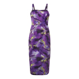 Phase Eight Adelita Abstract Print Dress in purple, sleeveless midi with square neckline, fitted silhouette and abstract floral pattern
