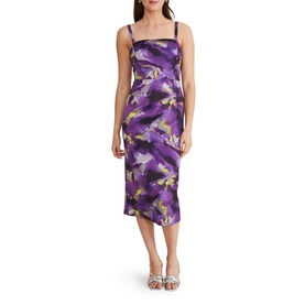 Model wearing Phase Eight Adelita Abstract Print Dress in purple, sleeveless with square neckline and abstract floral pattern
