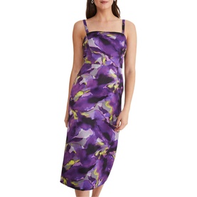 Model wearing Phase Eight Adelita Abstract Print Dress in purple, sleeveless midi with square neckline and bold abstract floral pattern