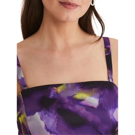 Model wearing Phase Eight Adelita Abstract Print Dress in purple, close-up showing square neckline and sleeveless abstract floral print bodice