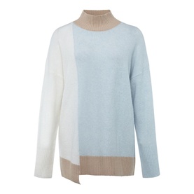 Phase Eight Mariella Cosy Asymmetric Sweater in blue colour block with cream and taupe panels, high neck, ribbed trims, relaxed fit