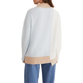 Model wearing Phase Eight Mariella Cosy Asymmetric Sweater in blue, back view, colour block design with camel ribbed trims