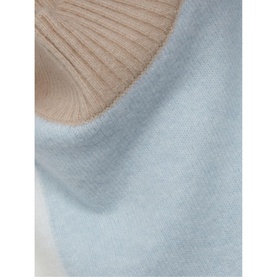 Phase Eight Mariella Cosy Asymmetric Sweater in blue, close-up showing colour block design with ribbed high neck in contrasting beige tone