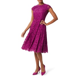 Model wearing Hobbs Rosaleen Dress in purple lace, round neck, capped sleeves, A-line midi length, styled with matching purple heels
