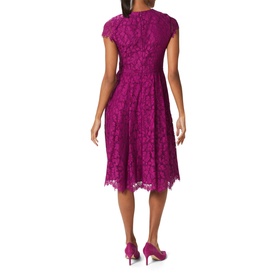 Model wearing Hobbs Rosaleen Dress in purple lace, cap sleeves, round neck, flared midi skirt, styled with matching purple heels