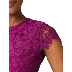 Model wearing Hobbs Rosaleen Dress in purple lace, featuring capped sleeves with scalloped edge detail and round neck