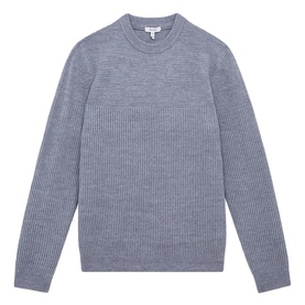 Reiss Marcus Crew Ribbed Sweater in blue, featuring a crew neck, long sleeves, and all-over ribbed texture in a regular fit