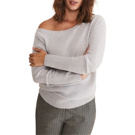 Model wearing Phase Eight Sienna Wool Cashmere Asymmetric Sweater in grey, slash neckline, ribbed cuffs, styled with grey trousers